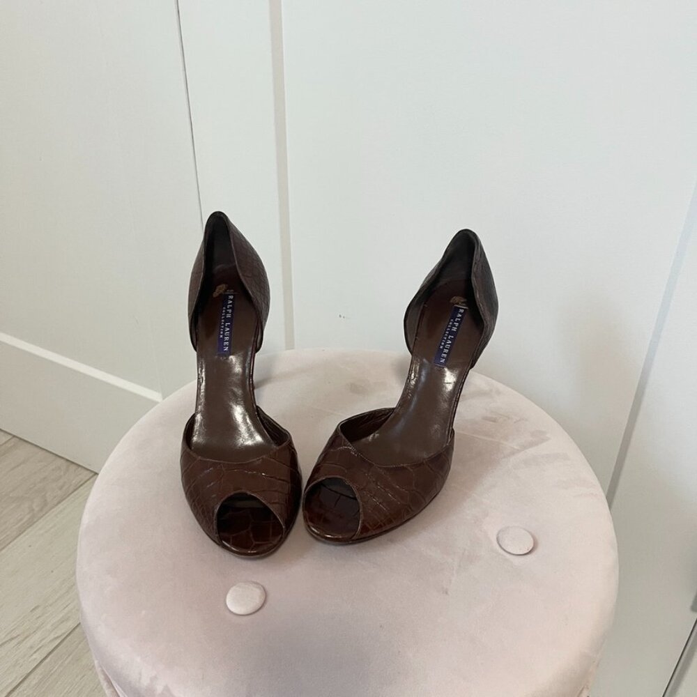 Ralph Lauren Collection Brown Leather Snake Skin Print Peep Toe Heels Size 9